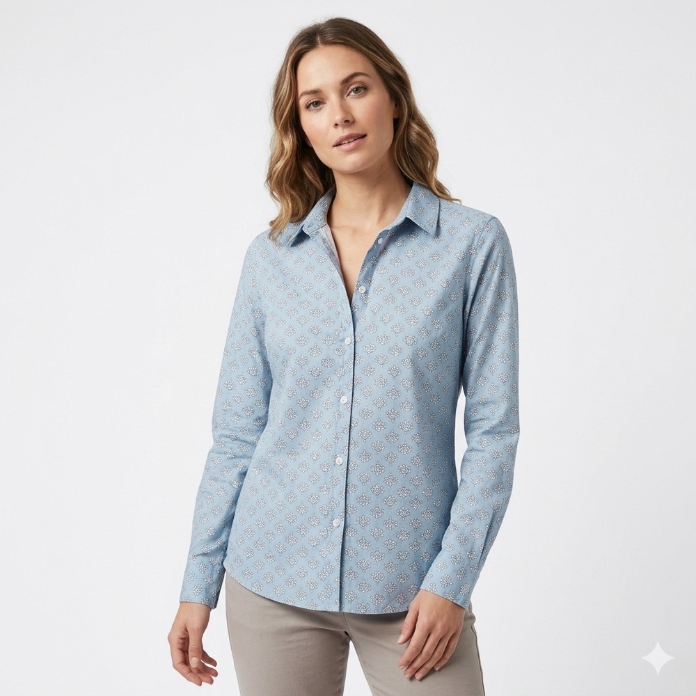 2/$30 - NICOLI Light Blue Printed 100%‎ Cotton Button-Down Shirt Women’s Small
